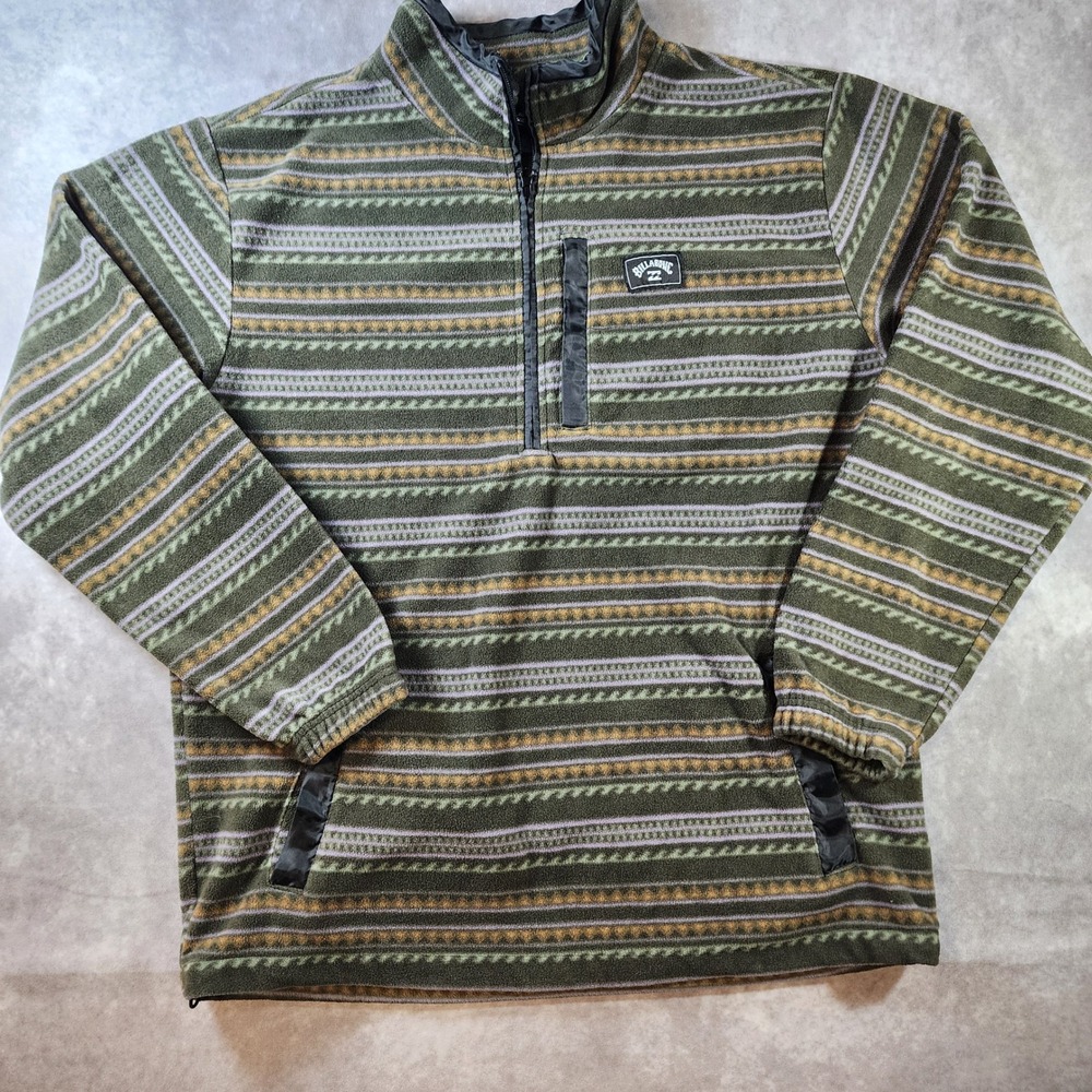 Billabong Mens Large Fleece Quarter Zip Pullover Green Aztec Geometric Stripe